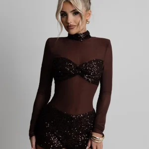 Sheer Grace Sequin Mesh Playsuit - Brown